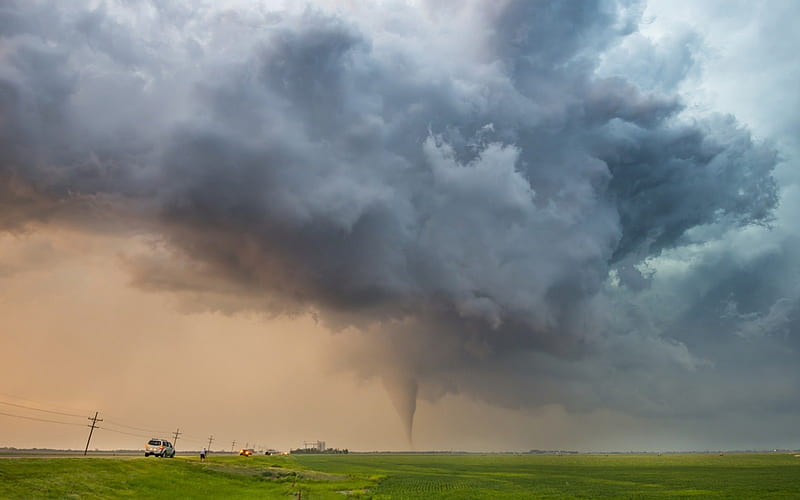 tornado crossing the prairie, car, prairie, road, clouds, tornado, HD wallpaper