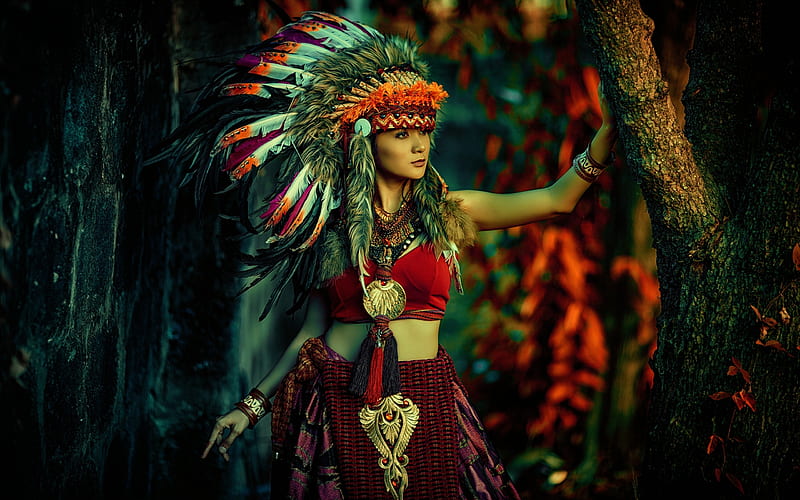 :-), model, girl, feather, indian, native, modrl, woman, HD wallpaper