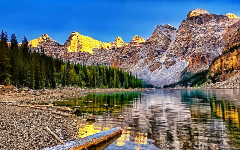 mountain lake, morning, mountains, sunrise, Alberta, Canada, HD wallpaper