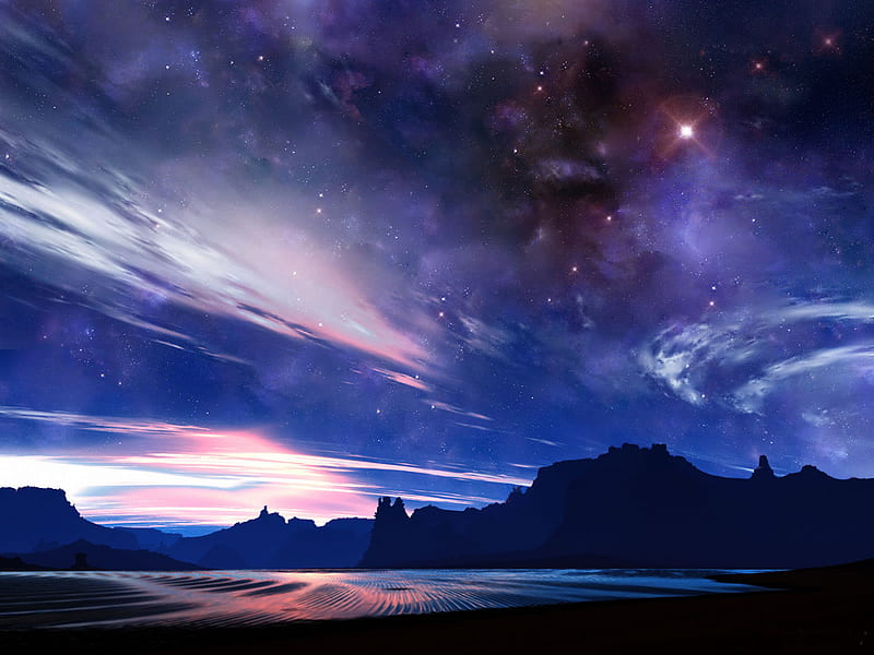 Violet and Sapphire Skyscape, hills, stars, sand, sapphire, violet, clouds, sky, light, HD wallpaper