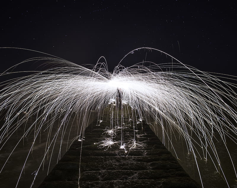 Spinning Burning Steel Wool Sparks Ultra, Black and White, Creative, Night, Pier, graphy, Wire, Urban, Exploration, jetty, urbex, Sparks, longexposure, lightpainting, steelwool, wool, spinning, devon, wirewool, dawlish, HD wallpaper