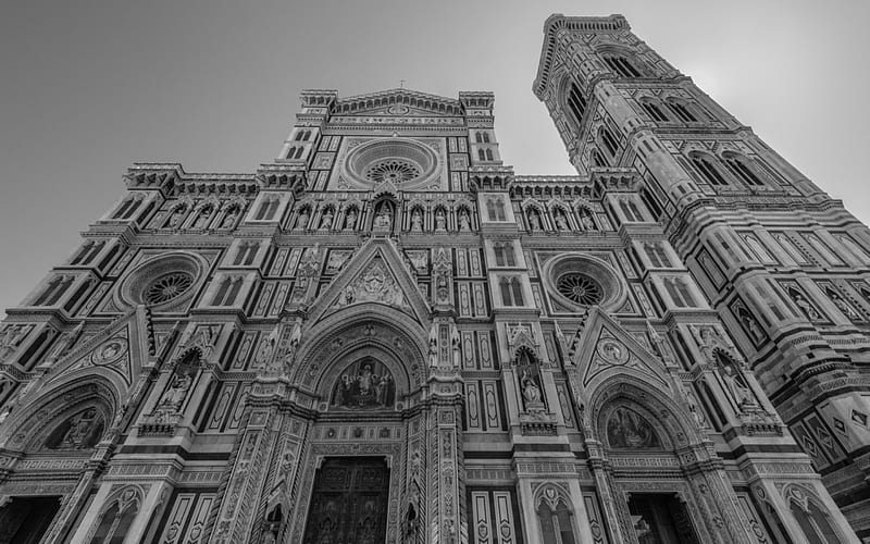 basilica of saint mary of the flower in florence, cathedral, gray scale, facade, basilica, HD wallpaper