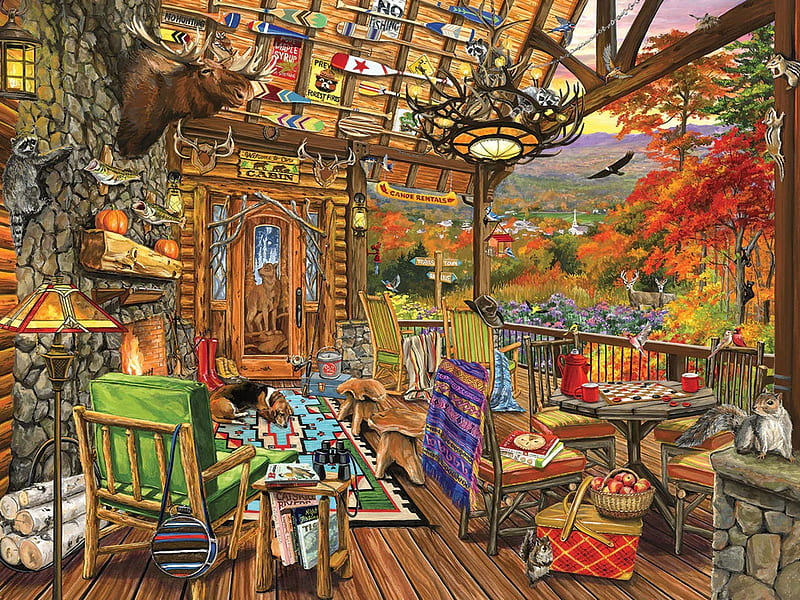 Autumn Porch, trees, veranda, squirrel, table, games, eagle, fall, colors, artwork, chairs, painting, deer, HD wallpaper