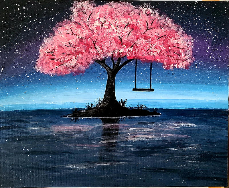 Cherry blossom , lake, love, nature, night, pink, sky, swing, tree, white, HD wallpaper