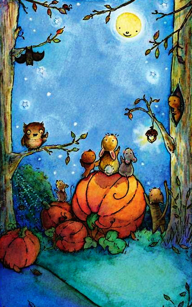 Pumpkin Night, animals, cute, drawing, moon, nature, pumpkins, HD ...