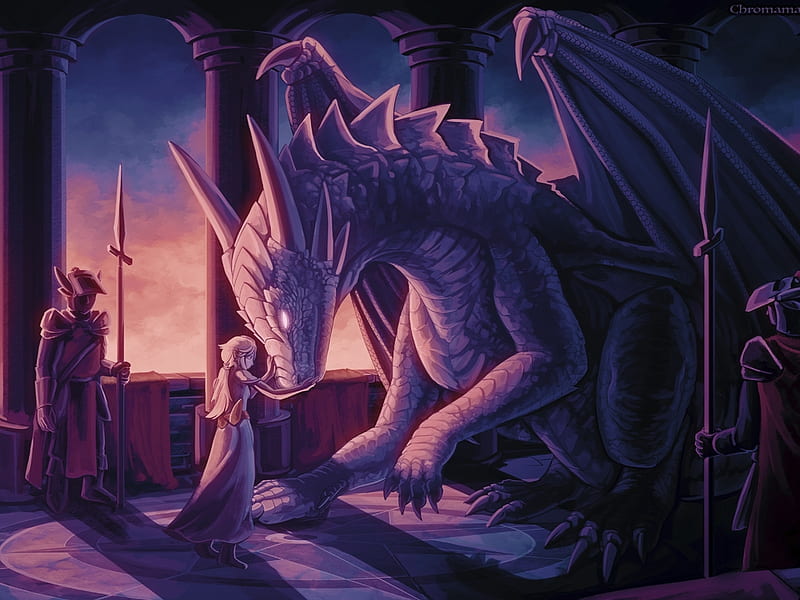 kneeling dragon to queen, guard, queen, fantasy, dragon, HD wallpaper