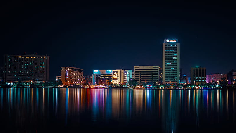 city, buildings, lights, night, reflection, HD wallpaper
