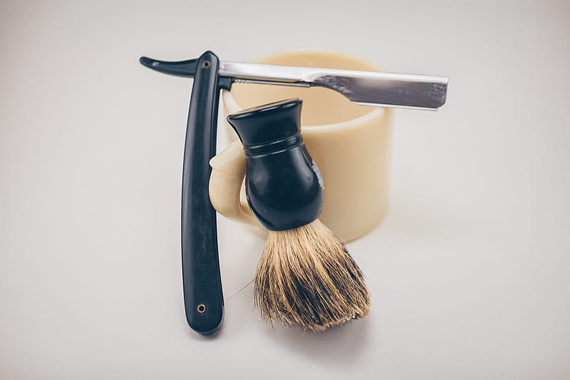 black straight razor beside beige ceramic mug and shaving cream brush, HD wallpaper