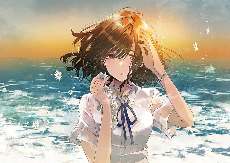 anime girl, sad expression, ocean, horizon, sunset, short brown hair, Anime, HD wallpaper