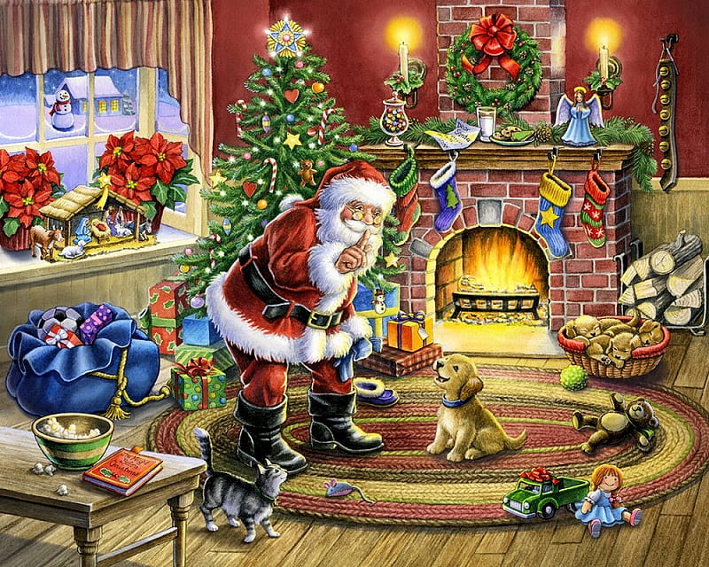 Cozy Christmas, decoration, painting, snowman, artwork, chimney, puppy, winter, tree, santa, snow, HD wallpaper