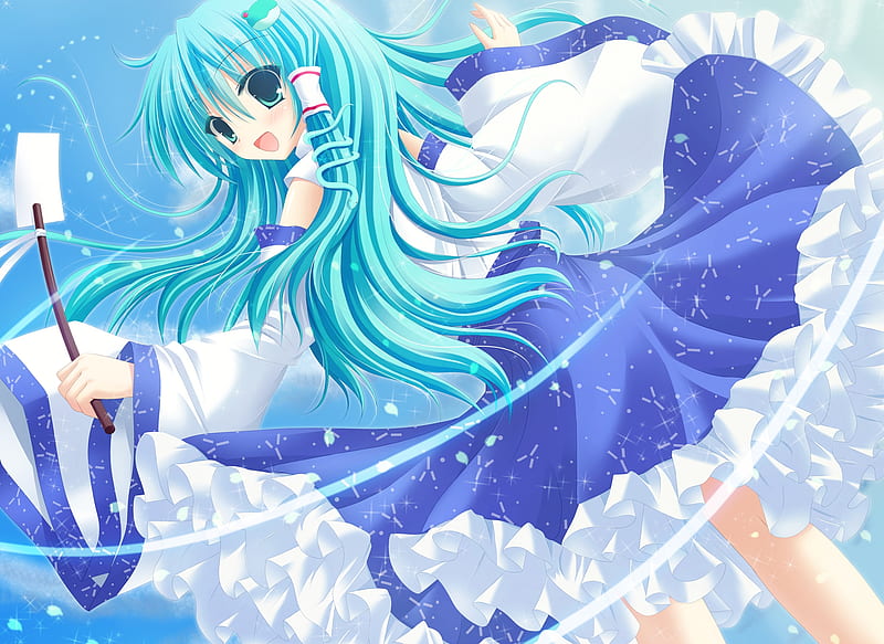 Kochiya Sanae, cloud, ribbon, skirt, sky, cute, aqua, frills, long hair, blue, HD wallpaper