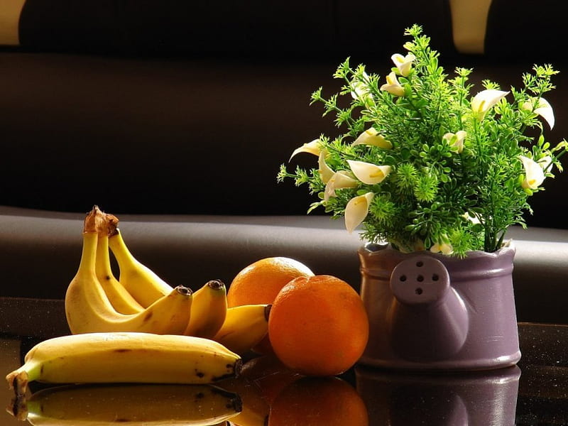 FRUITY STILL LIFE, bouquets, bananas, lilies, oranges, fruit, citrus, calla, flowers, arum lily, HD wallpaper