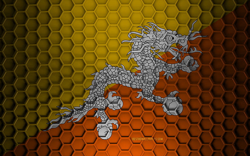 Bhutan flag, 3d hexagons texture, Bhutan, 3d texture, Bhutan 3d flag, metal texture, flag of Bhutan, HD wallpaper