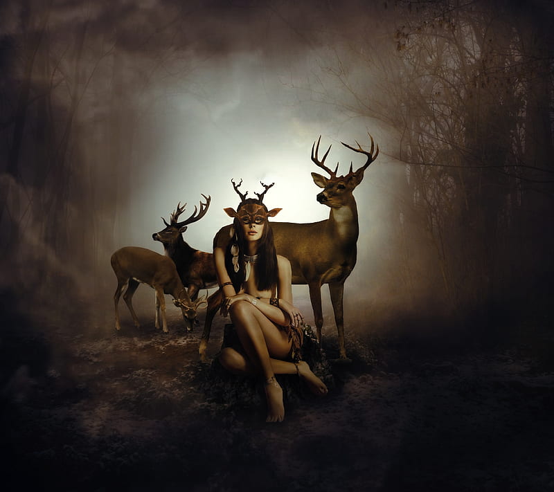 queen deer, fantasy, saguaro, HD wallpaper