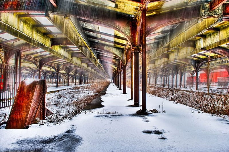 Abandoned Train Shed, roof, snow, r, construction, winter, HD wallpaper