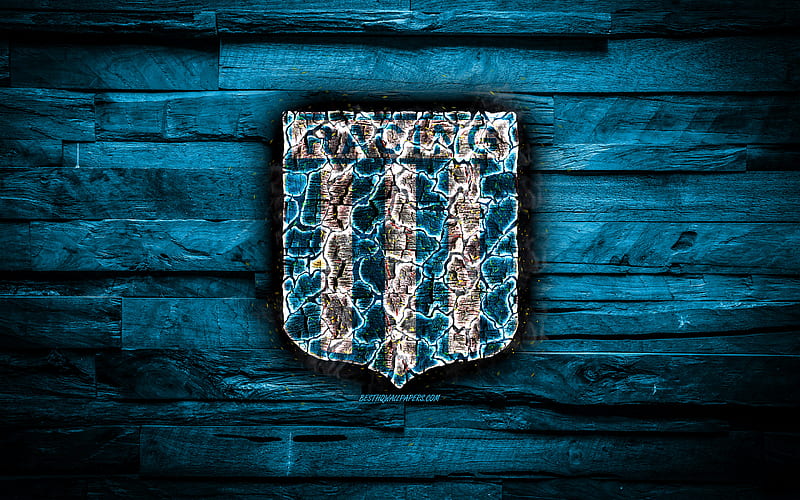 Racing FC, burning logo, Argentine Superleague, blue wooden background, Argentinean football club, Argentine Primera Division, Racing Club, football, soccer, Racing logo, Avellaneda, Argentina, HD wallpaper