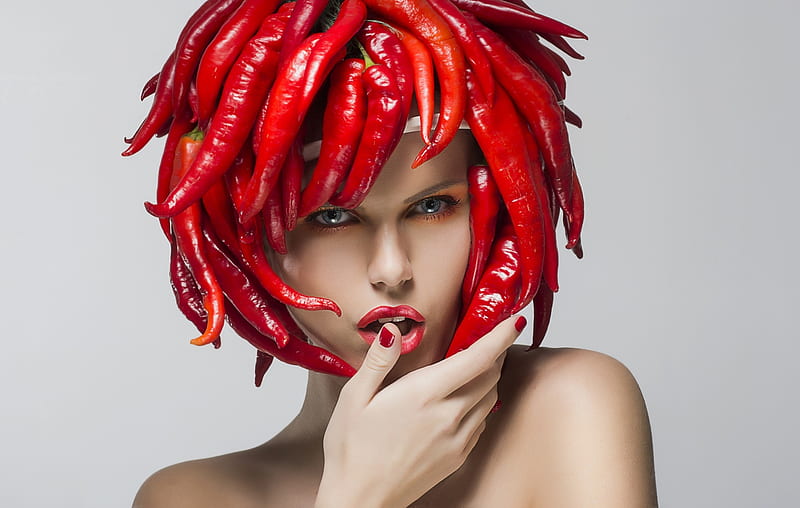 :-), woman, girl, model, red, chilli pepper, hand, HD wallpaper
