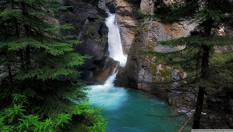 great mountain waterfall, waterfall, cliff, trees, pool, crevice, HD wallpaper