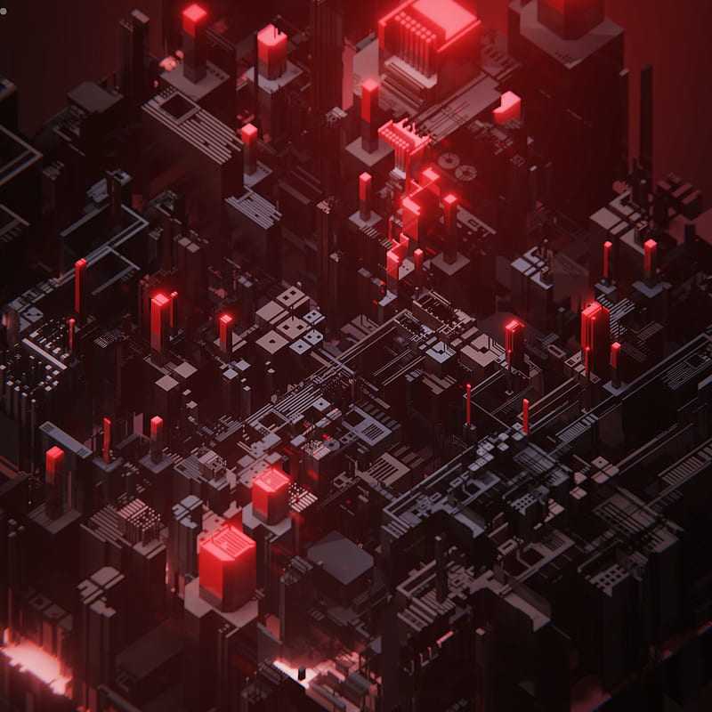 3D, digital art, red, black, city, cube, render, CGI, HD phone wallpaper