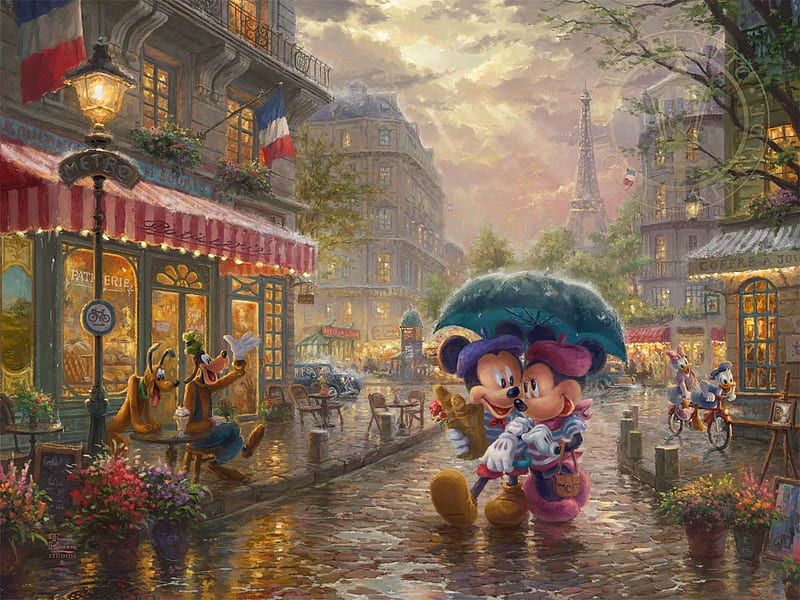 Mickey and Minnie in Paris, art, luminos, umbrella, paris, mickey mouse, thomas kinkade, eiffel tower, painting, rain, pluto, pictura, minnie, street, couple, disney, HD wallpaper