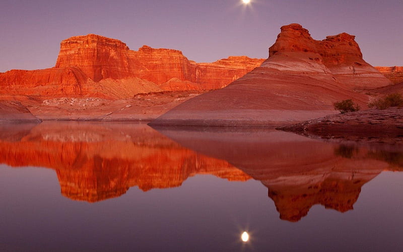 Lake Powell, Utah, sun, rock, powell, orange, sky, lake, mountain, daylight, water, day, nature, reflection, HD wallpaper