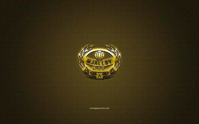 Mjallby AIF, Swedish football club, Allsvenskan, yellow logo, yellow carbon fiber background, football, Hallevik, Sweden, Mjallby AIF logo, HD wallpaper