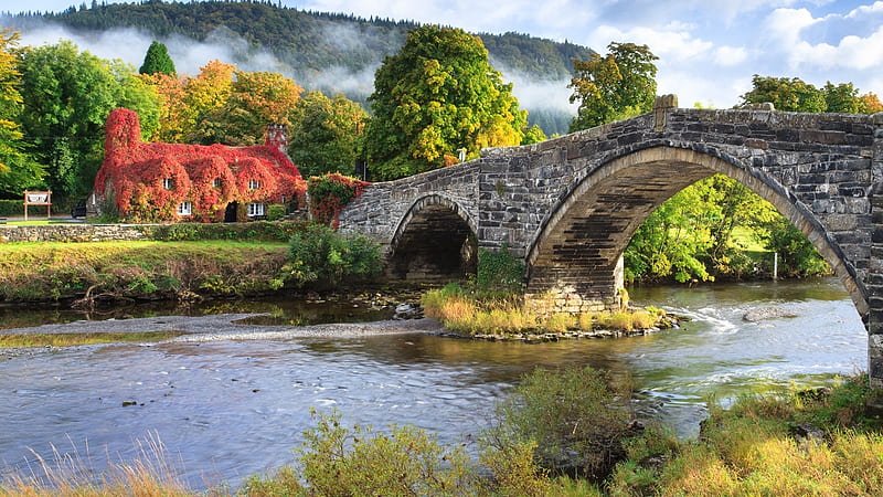Welsh landscape with bridge over river, Bridge, Great Britain, River, Wales, United Kingdom, Cottage, HD wallpaper