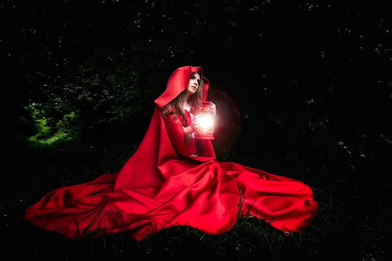 Red Riding Hood, forest, stars, lantern, woods, trees, women, red cloak, HD wallpaper