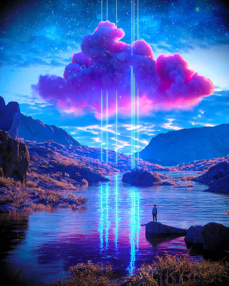 artwork, digital art, nature, neon, mountains, lake, clouds, blue, HD phone wallpaper
