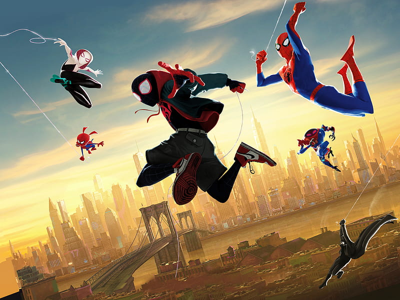 Spider-Man, Spider-Man: Into The Spider-Verse, Miles Morales, Peni Parker, Peter Parker, Spider-Ham, Spider-Man Noir, Spider-Woman, HD wallpaper