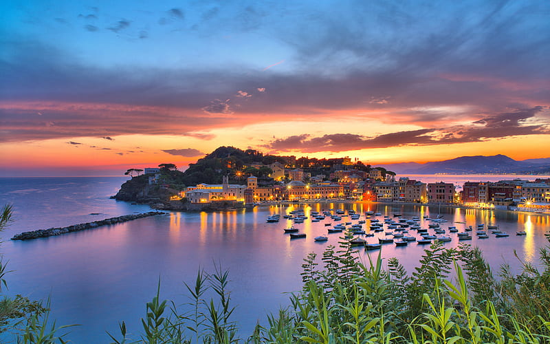 Sestri Levante, evening, sunset, bay, yachts, bay with boats, Liguria, Italy, HD wallpaper