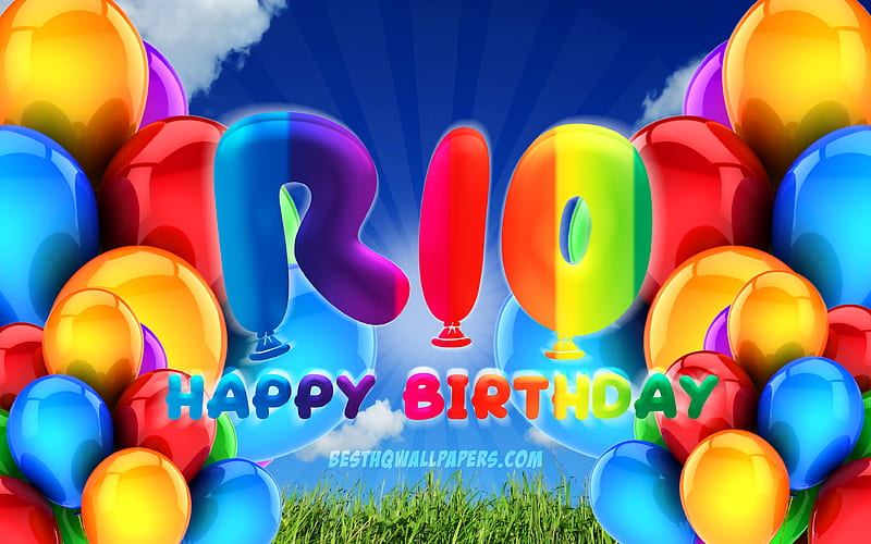 Rio Happy Birtay cloudy sky background, female names, Birtay Party, colorful ballons, Rio name, Happy Birtay Rio, Birtay concept, Rio Birtay, Rio, HD wallpaper