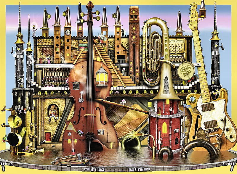 Music Castle F, art, violin, trumpet, surrealism, bonito, abstract, artwork, guitar, drums, painting, instruments, wide screen, surreal, xylophone, HD wallpaper