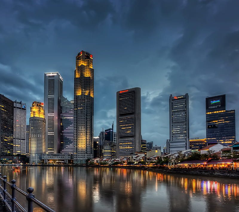 Singapore, buildings, lights, reflection, river, skyscrapers, HD wallpaper