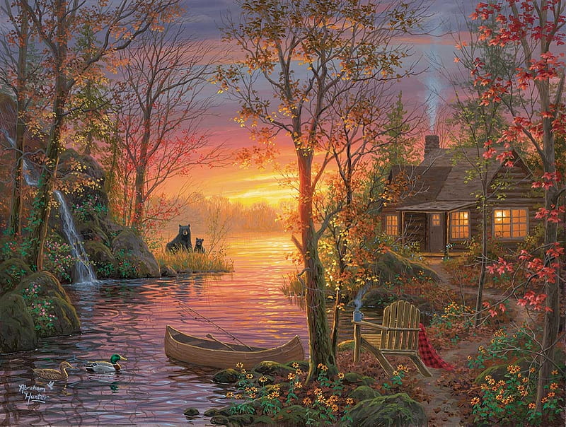 Sunset, art, urs, abraham hunter, house, lake, bear, painting, pictura, autumn, cottage, toamna, water, HD wallpaper