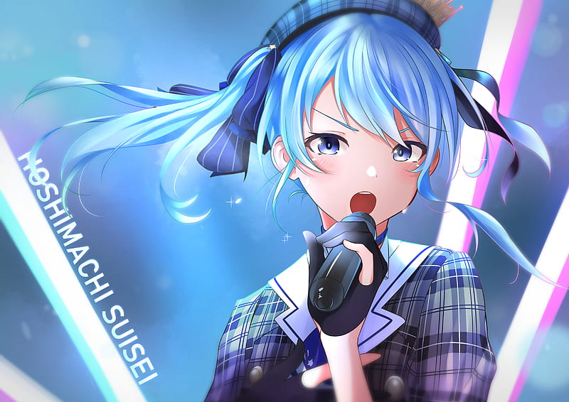 hoshimachi suisei, hololive, singing, virtual youtuber, blue hair, Anime, HD wallpaper
