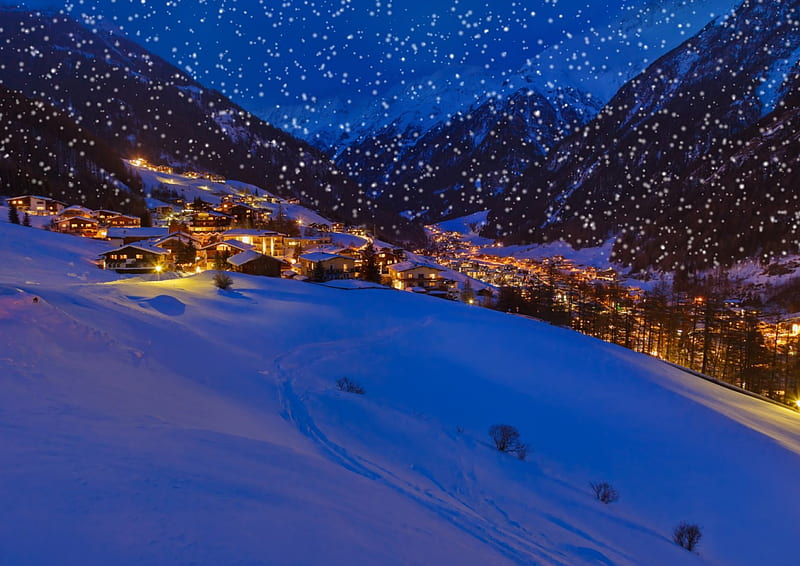 Mountain Ski Resort, snow, mountains, homes, snow falling, sky, lights, winter, HD wallpaper