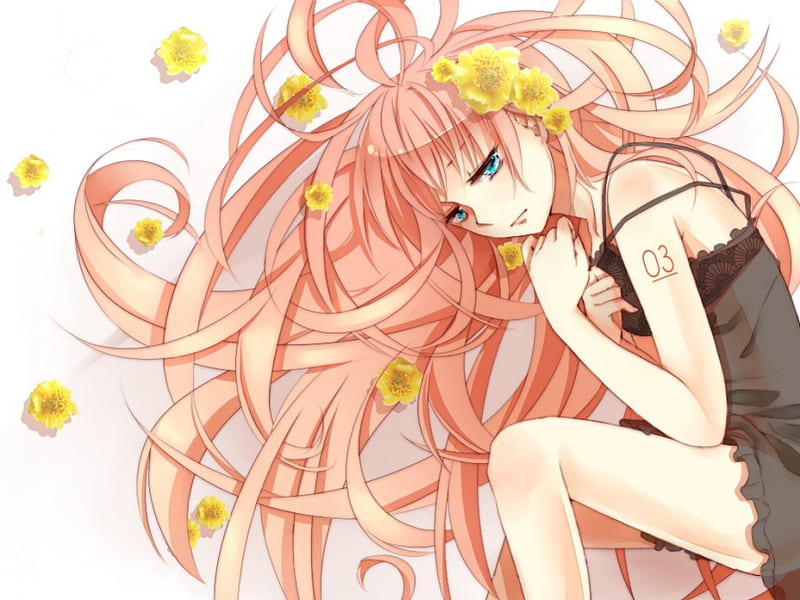 Sad, hair, girl, anime, flowers, yellow, pink, HD wallpaper