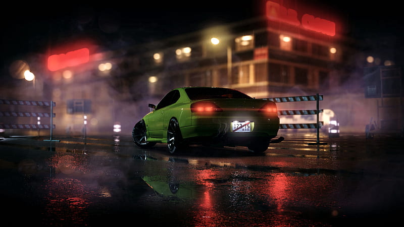 car, sportscar, green, night, light, smoke, HD wallpaper