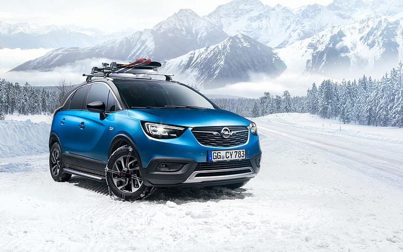 Opel Crossland X, 2018, tourist accessories, roof rack for skis, blue crossover, winter, snow, new blue Crossland X, German cars, Opel, HD wallpaper
