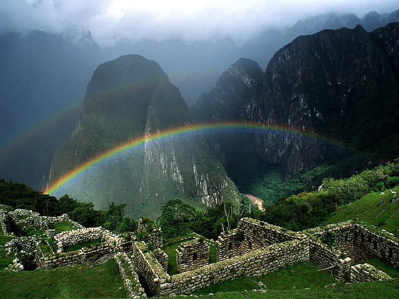 Rainbow Over Machu Picchu, arquitecture, ancient, picchu, religious, bonito, rainbow machu, over machu picchu, machu picchu, peru, HD wallpaper