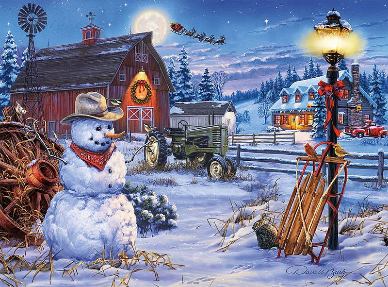 Christmas on the Farm, puzzle, life, country, farm, snowman, winter, HD wallpaper