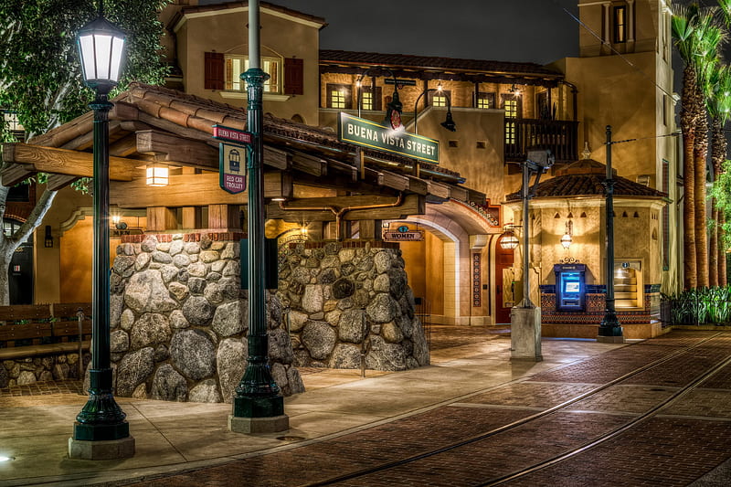Disneyland, CA., building, station, road, rails, night, light, HD wallpaper