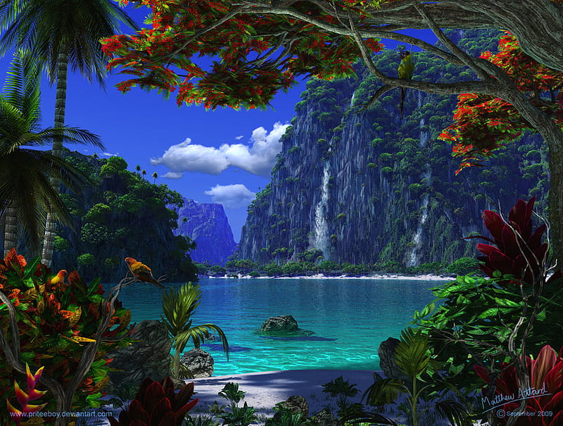 Conure Cay, tree, cove, plants, ocean, waterfall, bonito, clouds, sky, HD wallpaper