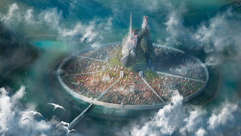fantasy city, sections, castle, clouds, top view, Fantasy, HD wallpaper