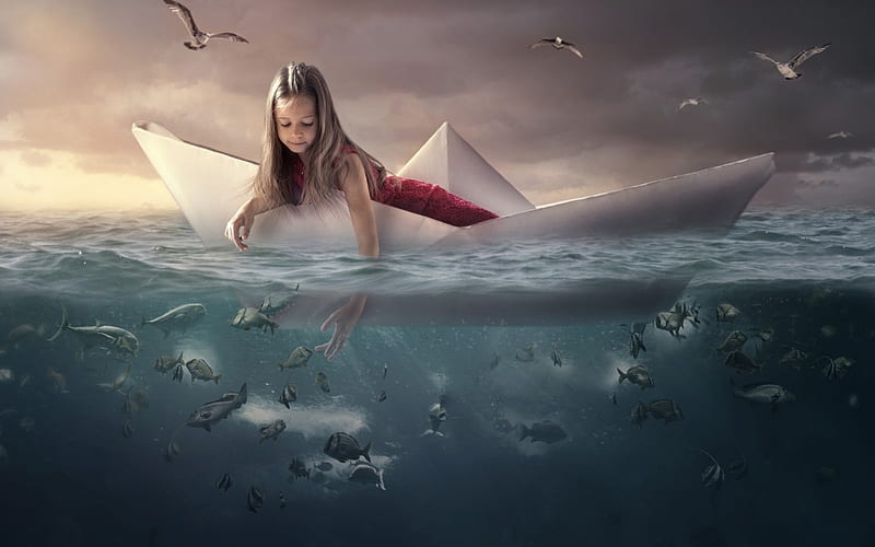 Playing with the fish, little, creative, situation, sea, fantasy, water, girl, copil, child, paper boat, white, blue, HD wallpaper