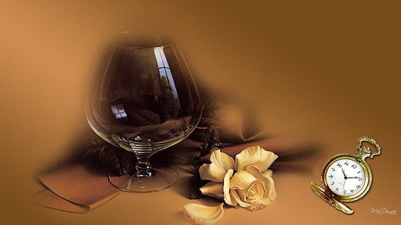 Rose and a Brandy, brandy, rose, pocket watch, browns, yellow, firefox persona, napkin, snifter, flower, goblet, vintage, HD wallpaper