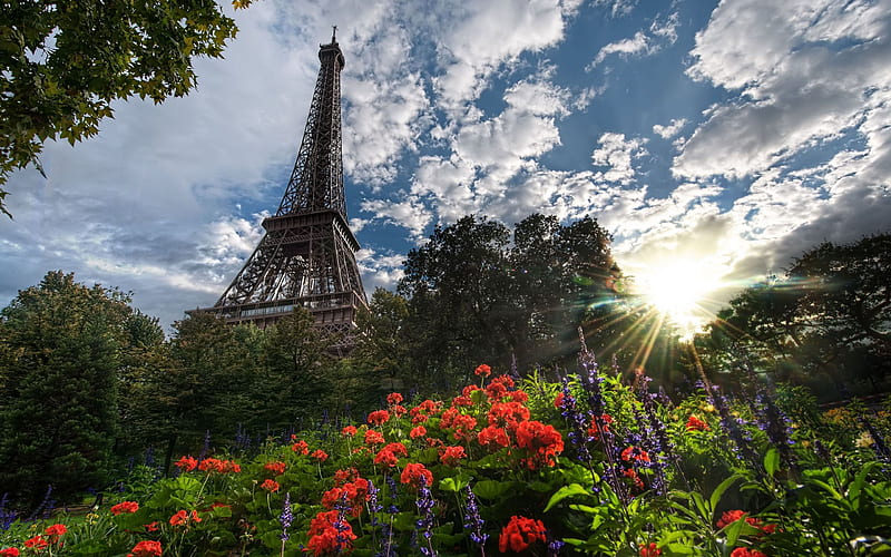 Eiffel Tower, architecture, pretty, colorful, sun, grass, monuments, paris, sunny, bonito, clouds, graphy, leaves, monument, city, green, tower, flowers, beauty, view, sunlight, colors, sky, trees, rays, france, red flowers, peaceful, nature, eifel, landscape, HD wallpaper