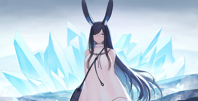 Chica anime, orejas de conejo, cabello negro, cristales, vestido de verano,  meganekko, Fondo de pantalla HD | Peakpx
