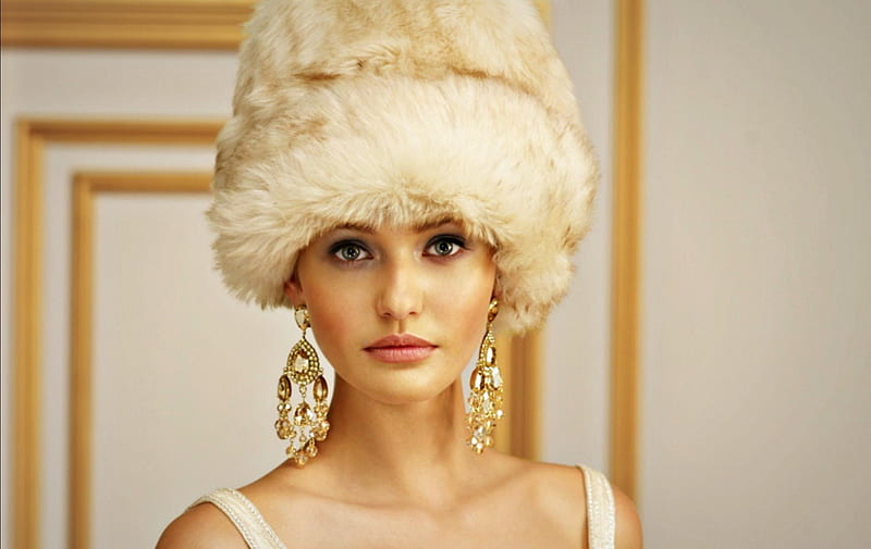 Kristina Romanova, girl, model, white, woman, fur, winter, hat, HD wallpaper